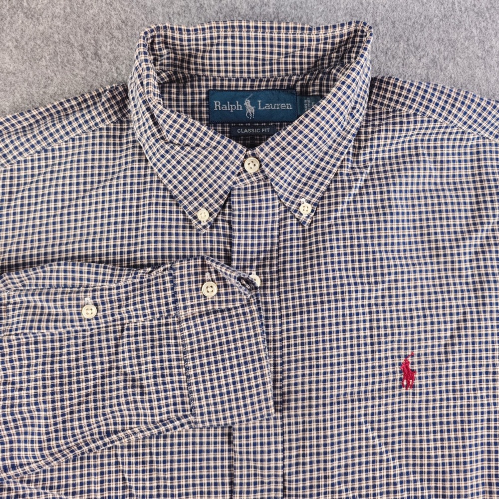 Ralph Lauren Classic Fit Button Down Shirt Mens Large Blue White Check Cotton